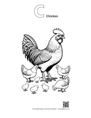 Thumbnail: Proud Rooster with Hens and Chicks Printable Outline Alphabet C Chicken