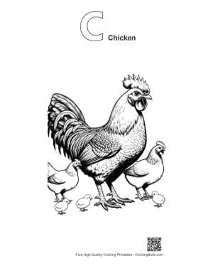 Thumbnail: Proud Rooster with Hens and Chicks Printable Outline Alphabet C Chicken
