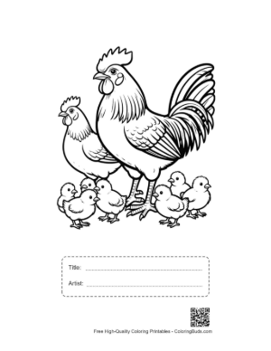 Thumbnail: Rooster and Hen with Chicks Printable with Title and Artist Box