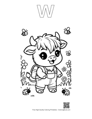 Thumbnail: Adorable Highland Cow Calf Student with a Backpack Printable Outline Alphabet W