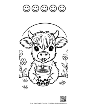 Thumbnail: Adorable Highland Cow Calf with a Boba Tea Cup Printable and 5 Happy Face Outline