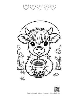 Thumbnail: Adorable Highland Cow Calf with a Boba Tea Cup Printable and 5 Heart Outline