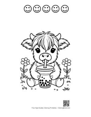 Thumbnail: Baby Highland Cow Enjoying a Refreshing Boba Tea Printable and 5 Happy Face Outline