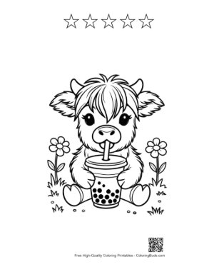 Thumbnail: Baby Highland Cow Enjoying a Refreshing Boba Tea Printable and 5 Star Outline