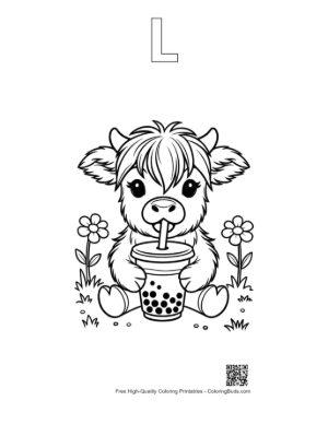 Thumbnail: Baby Highland Cow Enjoying a Refreshing Boba Tea Printable Outline Alphabet L
