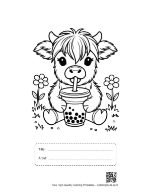 Thumbnail: Baby Highland Cow Enjoying a Refreshing Boba Tea Printable with Title and Artist Box