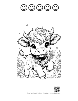 Thumbnail: Baby Highland Cow with a Flower in Its Mouth Printable and 5 Happy Face Outline