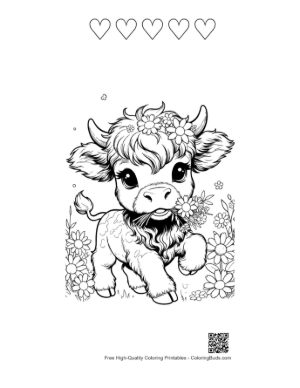 Thumbnail: Baby Highland Cow with a Flower in Its Mouth Printable and 5 Heart Outline