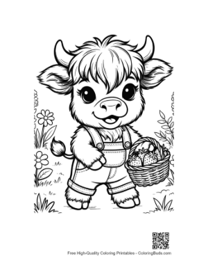 Thumbnail: Cute Baby Highland Cow Gardener with a Flower Basket Printable