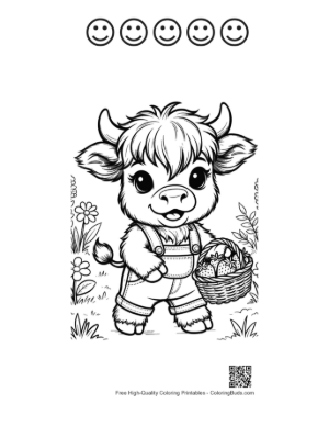 Thumbnail: Cute Baby Highland Cow Gardener with a Flower Basket Printable and 5 Happy Face Outline