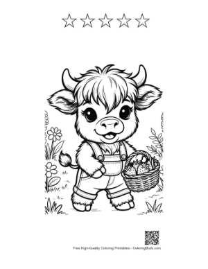 Thumbnail: Cute Baby Highland Cow Gardener with a Flower Basket Printable and 5 Star Outline