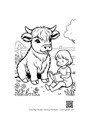 Thumbnail: Cute Baby Highland Cow Sitting with a Little Girl Printable