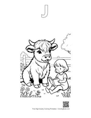 Thumbnail: Cute Baby Highland Cow Sitting with a Little Girl Printable Outline Alphabet J