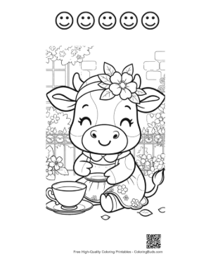 Thumbnail: Cute Cow Wearing a Floral Hat at a Garden Party Printable and 5 Happy Face Outline