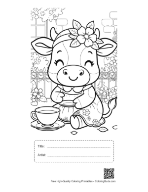 Thumbnail: Cute Cow Wearing a Floral Hat at a Garden Party Printable with Title and Artist Box