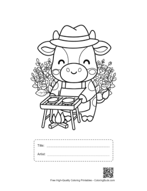 Thumbnail: Cute Cow Wearing a Hat Standing by a BBQ Grill Printable with Title and Artist Box