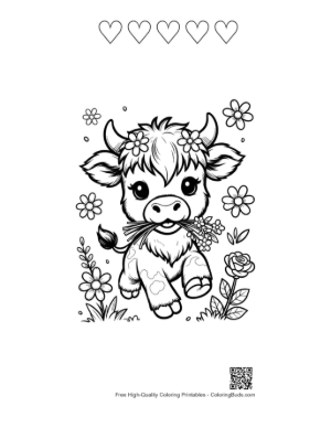 Thumbnail: Cute Highland Cow Calf Wearing a Beautiful Flower Printable and 5 Heart Outline
