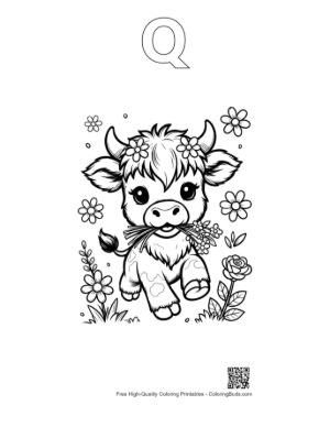 Thumbnail: Cute Highland Cow Calf Wearing a Beautiful Flower Printable Outline Alphabet Q