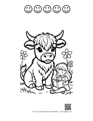 Thumbnail: Cute Highland Cow to Color Printable and 5 Happy Face Outline