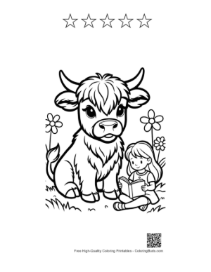 Thumbnail: Cute Highland Cow to Color Printable and 5 Star Outline