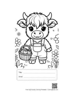 Thumbnail: Cute Highland Cow to Color Printable with Title and Artist Box