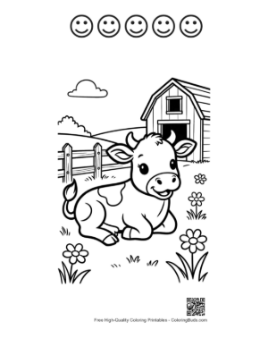 Thumbnail: Cute Holstein Calf Sitting Peacefully in the Pasture Printable and 5 Happy Face Outline
