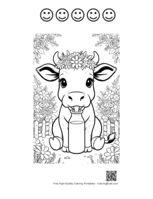 Thumbnail: Cute Holstein Calf with a Glass of Milk and Cookies Printable and 5 Happy Face Outline