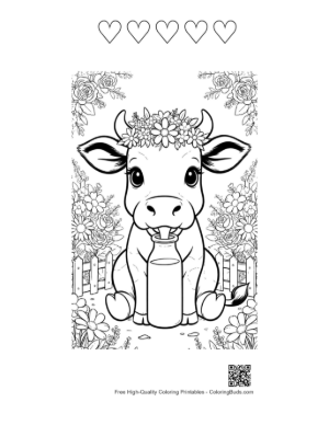 Thumbnail: Cute Holstein Calf with a Glass of Milk and Cookies Printable and 5 Heart Outline