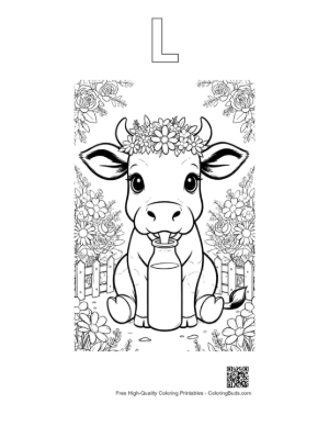 Thumbnail: Cute Holstein Calf with a Glass of Milk and Cookies Printable Outline Alphabet L