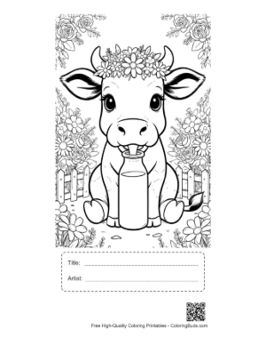 Thumbnail: Cute Holstein Calf with a Glass of Milk and Cookies Printable with Title and Artist Box
