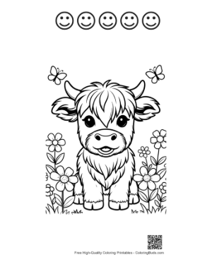 Thumbnail: Fluffy Baby Highland Cow in a Butterfly Garden Printable and 5 Happy Face Outline
