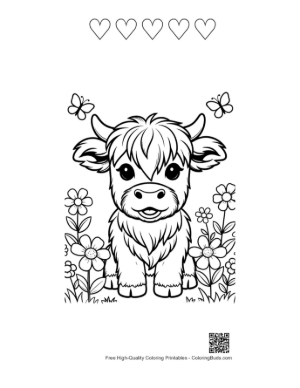 Thumbnail: Fluffy Baby Highland Cow in a Butterfly Garden Printable and 5 Heart Outline