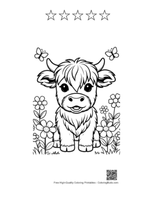 Thumbnail: Fluffy Baby Highland Cow in a Butterfly Garden Printable and 5 Star Outline
