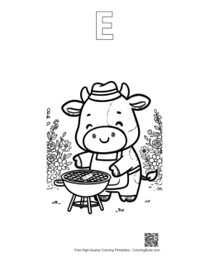 Thumbnail: Happy Cow Cooking Delicious Food on the Grill Printable Outline Alphabet E