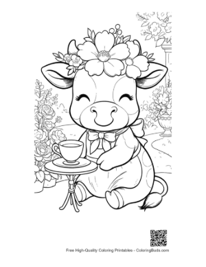 Thumbnail: Happy Cow Sitting at a Table with Tea and Flowers Printable