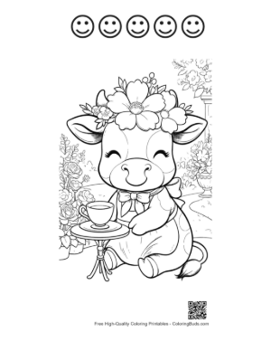 Thumbnail: Happy Cow Sitting at a Table with Tea and Flowers Printable and 5 Happy Face Outline