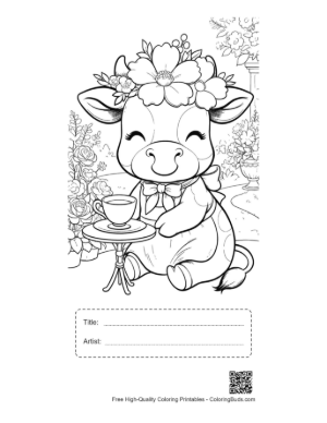 Thumbnail: Happy Cow Sitting at a Table with Tea and Flowers Printable with Title and Artist Box