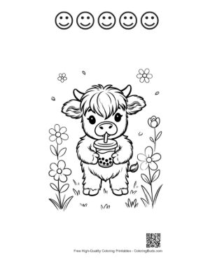 Thumbnail: Highland Cattle Calf Sipping Boba Tea in Nature Printable and 5 Happy Face Outline