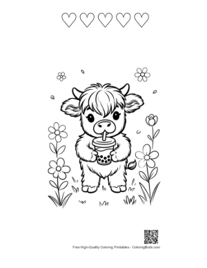 Thumbnail: Highland Cattle Calf Sipping Boba Tea in Nature Printable and 5 Heart Outline