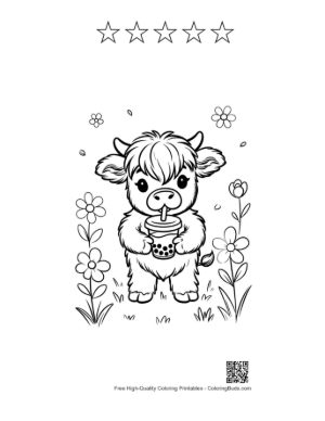 Thumbnail: Highland Cattle Calf Sipping Boba Tea in Nature Printable and 5 Star Outline