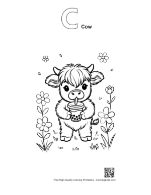 Thumbnail: Highland Cattle Calf Sipping Boba Tea in Nature Printable Outline Alphabet C Cow