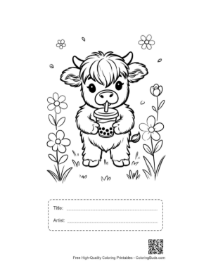 Thumbnail: Highland Cattle Calf Sipping Boba Tea in Nature Printable with Title and Artist Box