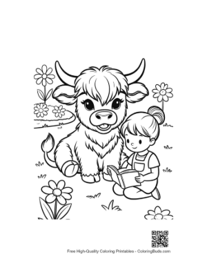 Thumbnail: Highland Cattle Calf Sitting Peacefully with a Girl Printable