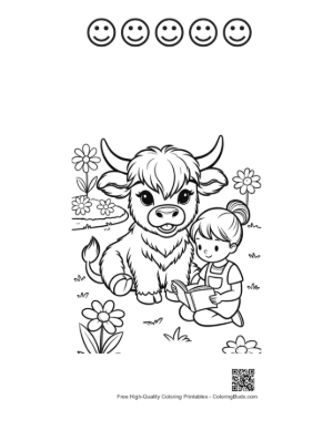 Thumbnail: Highland Cattle Calf Sitting Peacefully with a Girl Printable and 5 Happy Face Outline