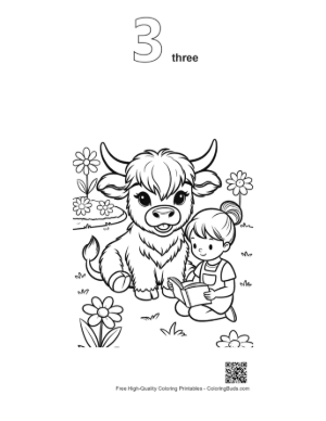 Thumbnail: Highland Cattle Calf Sitting Peacefully with a Girl Printable Outline Number 3