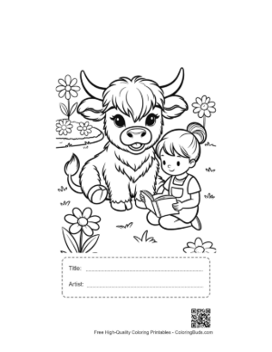 Thumbnail: Highland Cattle Calf Sitting Peacefully with a Girl Printable with Title and Artist Box
