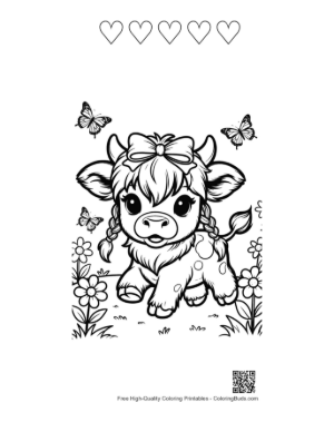 Thumbnail: Highland Cattle Calf with Floral Decorations and Braids Printable and 5 Heart Outline
