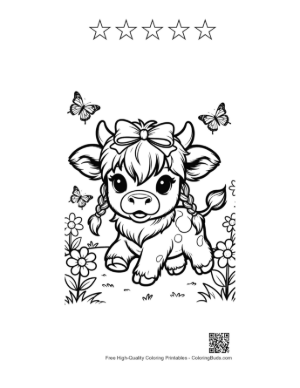 Thumbnail: Highland Cattle Calf with Floral Decorations and Braids Printable and 5 Star Outline