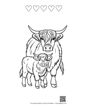 Thumbnail: Highland Cow and Calf Line Art Printable and 5 Heart Outline
