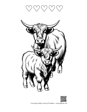 Thumbnail: Highland Cow and Calf Line Art Printable and 5 Heart Outline